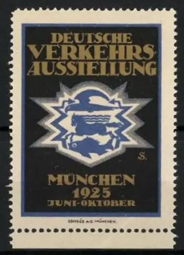 Künstler-Reklamemarke Sigmund von Suchodolski, München, Deutsche Verkehrsausstellung 1925, Lokomotive und Schiff