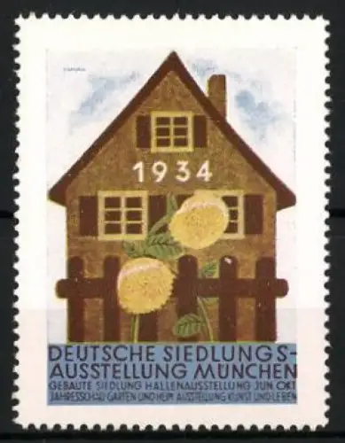 Reklamemarke München, Deutsche Siedlungsausstellung 1934, Haus mit Blumen