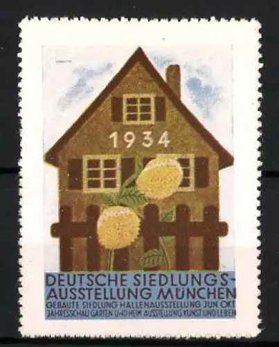 Reklamemarke München, Deutsche Siedlungsausstellung 1934, Haus und Blumen
