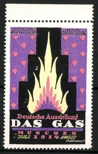 Reklamemarke München, Deutsche Ausstellung Das Gas 1914, Flamme, M. Schwarz