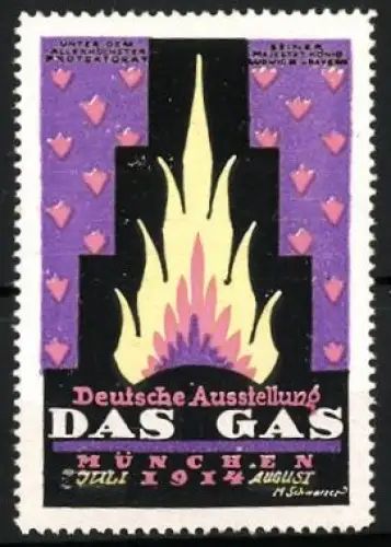 Reklamemarke München, Deutsche Ausstellung Das Gas, Flammenmotiv, 1914, M. Schwarz