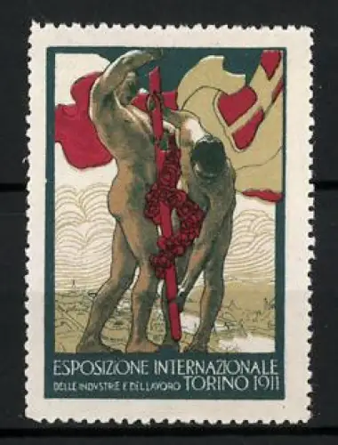 Reklamemarke Torino, Esposizione Internazionale 1911, Männerakt zwei Figuren mit roter Säule
