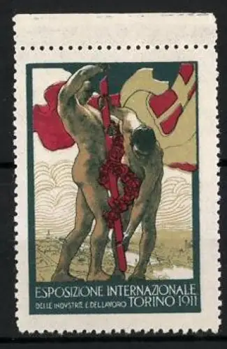 Reklamemarke Torino, Esposizione Internazionale 1911, Männerakt mit Flagge
