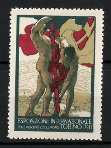 Reklamemarke Torino, Esposizione Internazionale 1911, Männerakt mit Fahne und Blumen