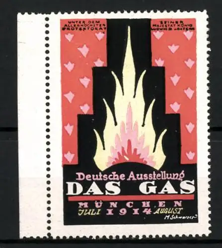 Reklamemarke München, Deutsche Ausstellung Das Gas, Flammenmotiv, 1914, orange