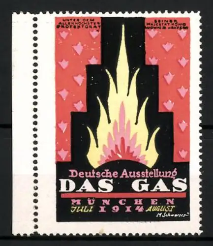 Reklamemarke München, Deutsche Ausstellung Das Gas 1914, Flamme, orange
