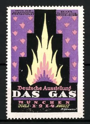 Reklamemarke München, Deutsche Ausstellung Das Gas 1914, Flamme und Gebäude, lila