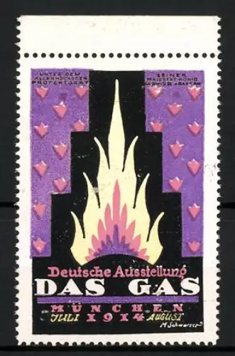 Reklamemarke München, Deutsche Ausstellung Das Gas 1914, Flammenmotiv, lila