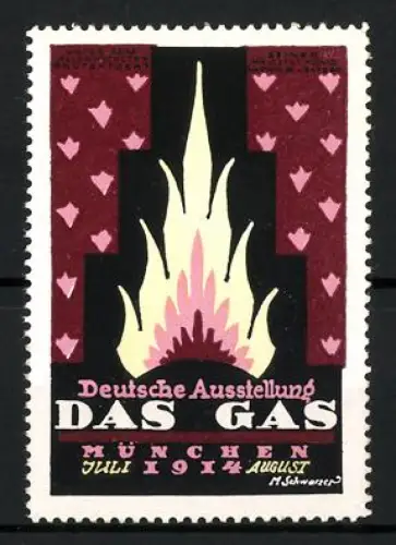 Reklamemarke München, Deutsche Ausstellung Das Gas 1914, Flamme, weinrot