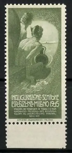 Reklamemarke Mailand, Inaugurazione Sempione Esposizione 1906, Tunnelmotiv Merkur auf Lokomotive sitzend, grün
