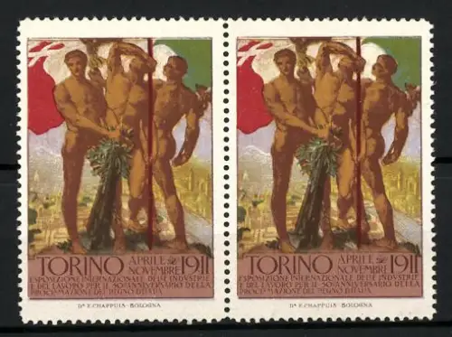 Reklamemarken Torino, Esposizione Internazionale 1911, Männerakt mit Nationalfahne