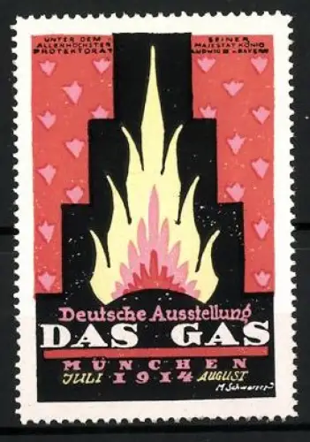 Reklamemarke München, Deutsche Ausstellung DAS GAS 1914, Flamme, orange