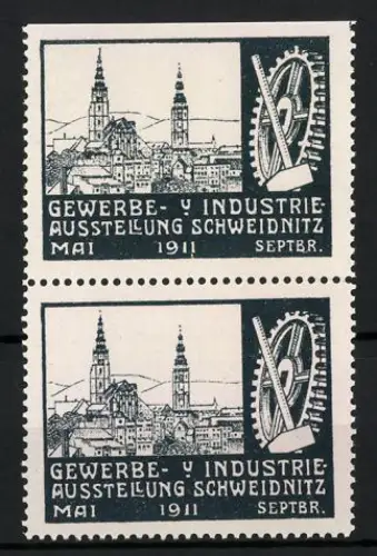 Reklamemarken Schweidnitz, Gewerbe- und Industrieausstellung 1911, Ortsansicht und Zahnrad