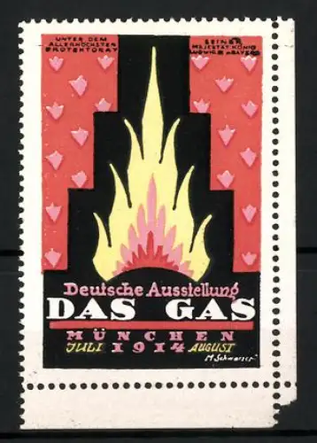 Reklamemarke München, Deutsche Ausstellung Das Gas 1914, Flamme, orange
