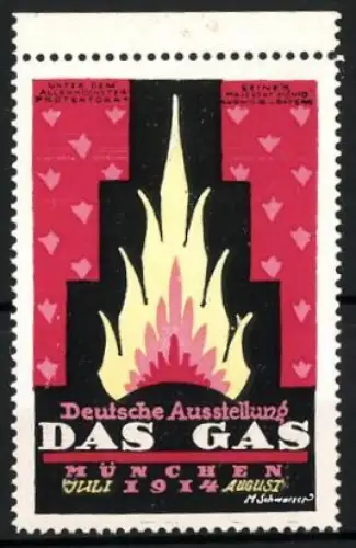 Künstler-Reklamemarke M. Schwarzer, München, Deutsche Ausstellung DAS GAS 1914, Flamme, rot