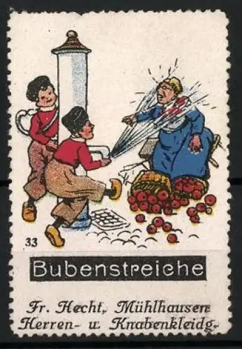 Reklamemarke Bubenstreiche, Knaben spritzen Marktfrau am Brunnen nass
