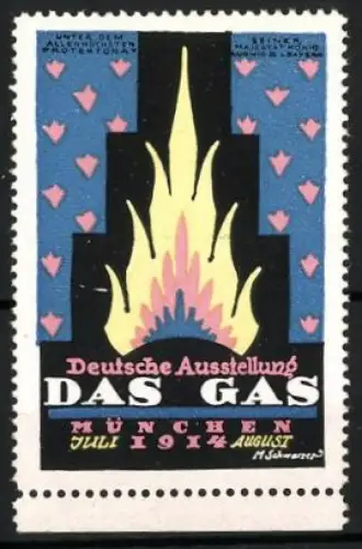 Reklamemarke München, Deutsche Ausstellung Das Gas 1914, Flamme, blau