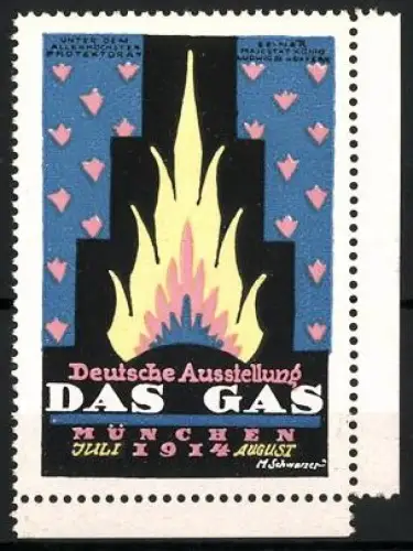 Reklamemarke München, Deutsche Ausstellung DAS GAS 1914, Feuer, blau
