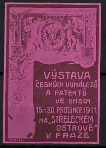 Reklamemarke Prag, Výstava ceských vynálezu a patentu1911, Wappen mit Figuren