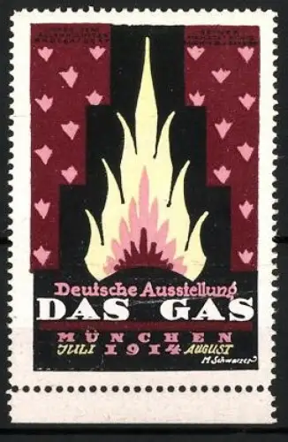 Reklamemarke München, Deutsche Ausstellung DAS GAS 1914, Flamme, weinrot