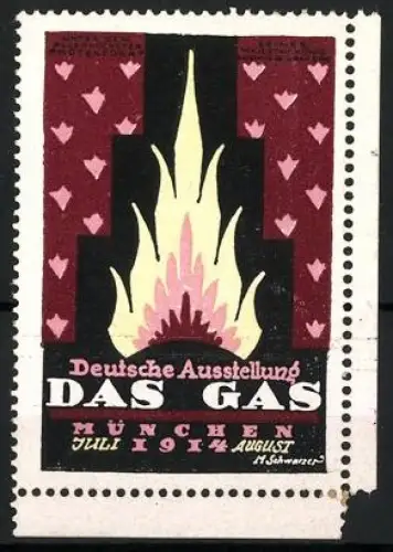 Reklamemarke München, Deutsche Ausstellung Das Gas 1914, Feuer, weinrot