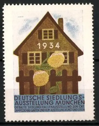 Reklamemarke München, Deutsche Siedlungsausstellung 1934, Haus mit Blumen