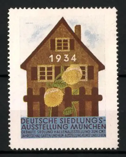 Reklamemarke München, Deutsche Siedlungsausstellung 1934, Haus und Blumen