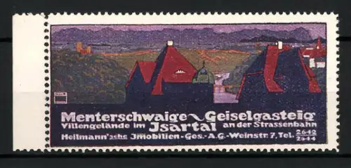 Künstler-Reklamemarke Ludwig Hohlwein, Menterschwaige-Geiselgasteig, Villengelände im Isartal, Häuser und Landschaft