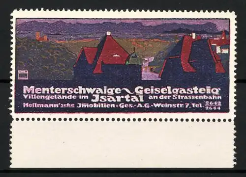 Künstler-Reklamemarke Ludwig Hohlwein, Geiselgasteig, Villengelände im Isartal, Häuserdachlandschaft