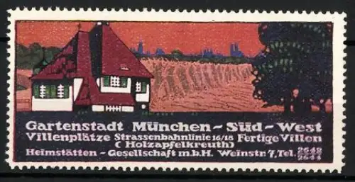 Künstler-Reklamemarke Ludwig Hohlwein, München, Gartenstadt Süd-West, Haus im Feld