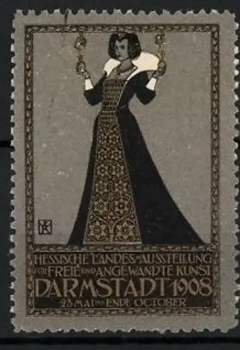 Reklamemarke Darmstadt, Hessische Landesausstellung 1908, Edeldame höfisch gekleidet mit Statuetten