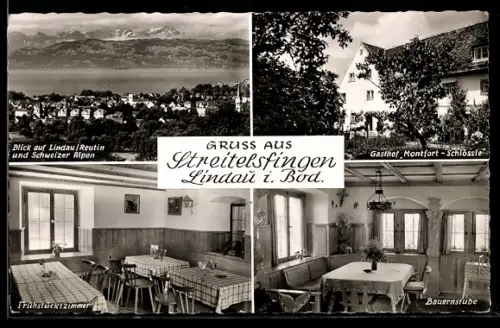 AK Streitelsfingen /Lindau, Gasthof Montfort-Schlössle K. Jäger, Innenansichten, Blick auf Lindau /Reutin