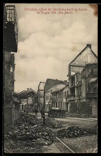 AK Ortelsburg, Der Markt nach der Zerstörung durch russ. Truppen im August 1914