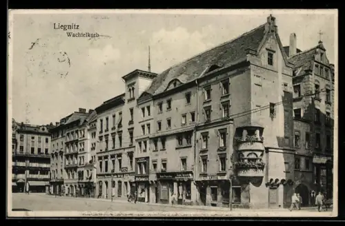 AK Liegnitz, Ortspartie am Wachtelkorb mit Geschäften