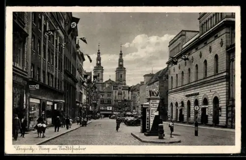 AK Liegnitz, Ring und Stadttheater, Aushang zur NSV, -Fahne