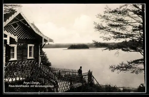 AK Arys i. Ostpr., Haus Waldfrieden mit Verlobungsinsel