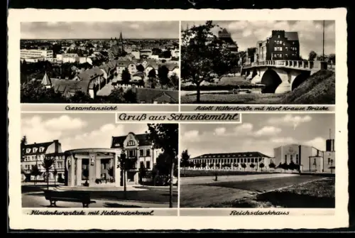 AK Schneidemühl, strasse mit Karl Krause Brücke, Reichsdankhaus, Hindenburgplatz mit Heldendenkmal