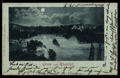 Mondschein-AK Schaffhausen, Blick auf den Rheinfall
