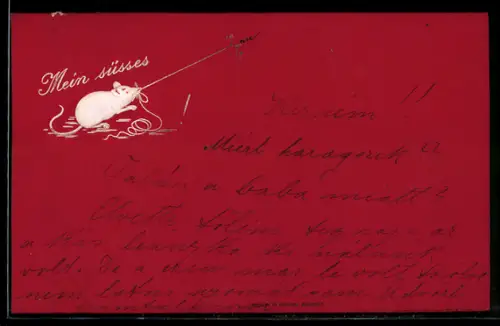 Präge-AK Weisse Maus zieht an einem Faden