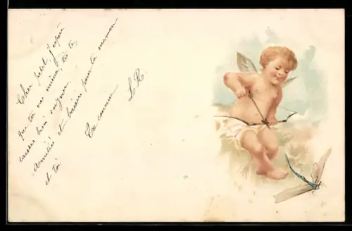 Lithographie Amor richtet den Pfeil auf eine Libelle