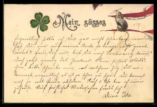 Lithographie Mein süsses..., Maus, Kleeblatt