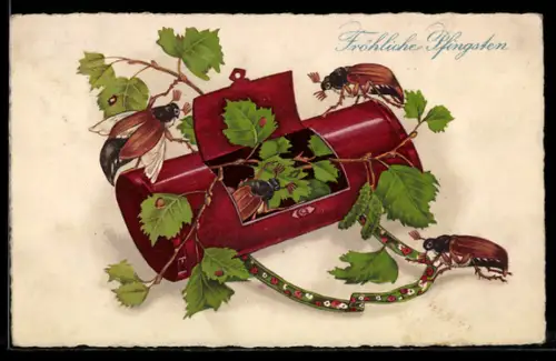 AK Maikäfer haben sich aus einer Köchertasche befreit, Birkenzweige