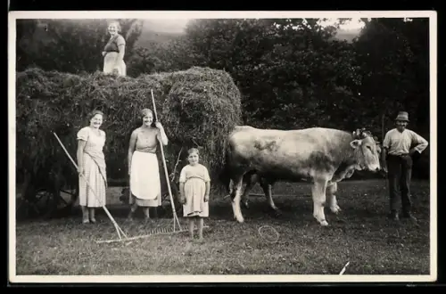 Foto-AK Bauernfamilie mit heubeladenem Gespann