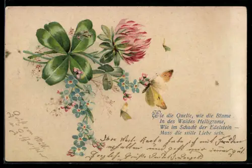 Lithographie Schmetterling, Blühender Klee und Vergissmeinnicht