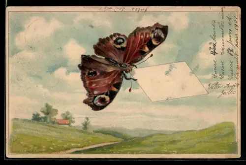 Lithographie Fliegendes Pfauenauge über Frühlingslandschaft