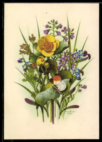 AK Bunte Wiesenblumen mit einem Schmetterling