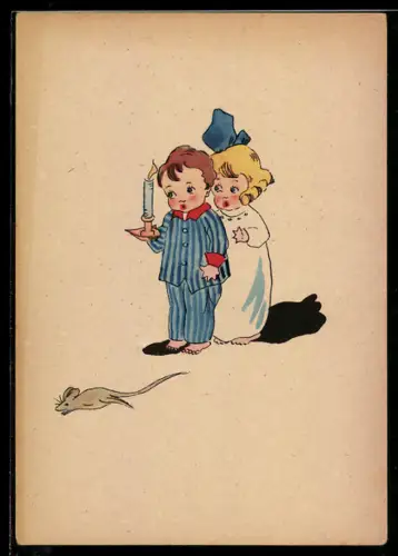 AK Kleines Paar mit Kerze sieht eine Maus davonlaufen