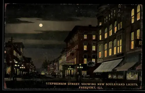 AK Freeport, IL, Stephenson Street, Showing new Boulevard Lights