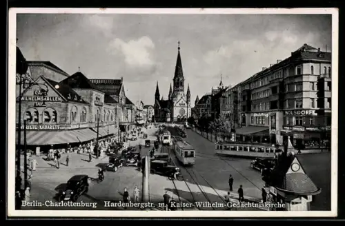 AK Berlin-Charlottenburg, Strassenbahnen, Hardenbergstrasse mit Kaiser-Wilhelm-Gedächtniskirche