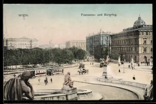 AK Wien, Franzens- und Burgring mit Strassenbahn und Passanten